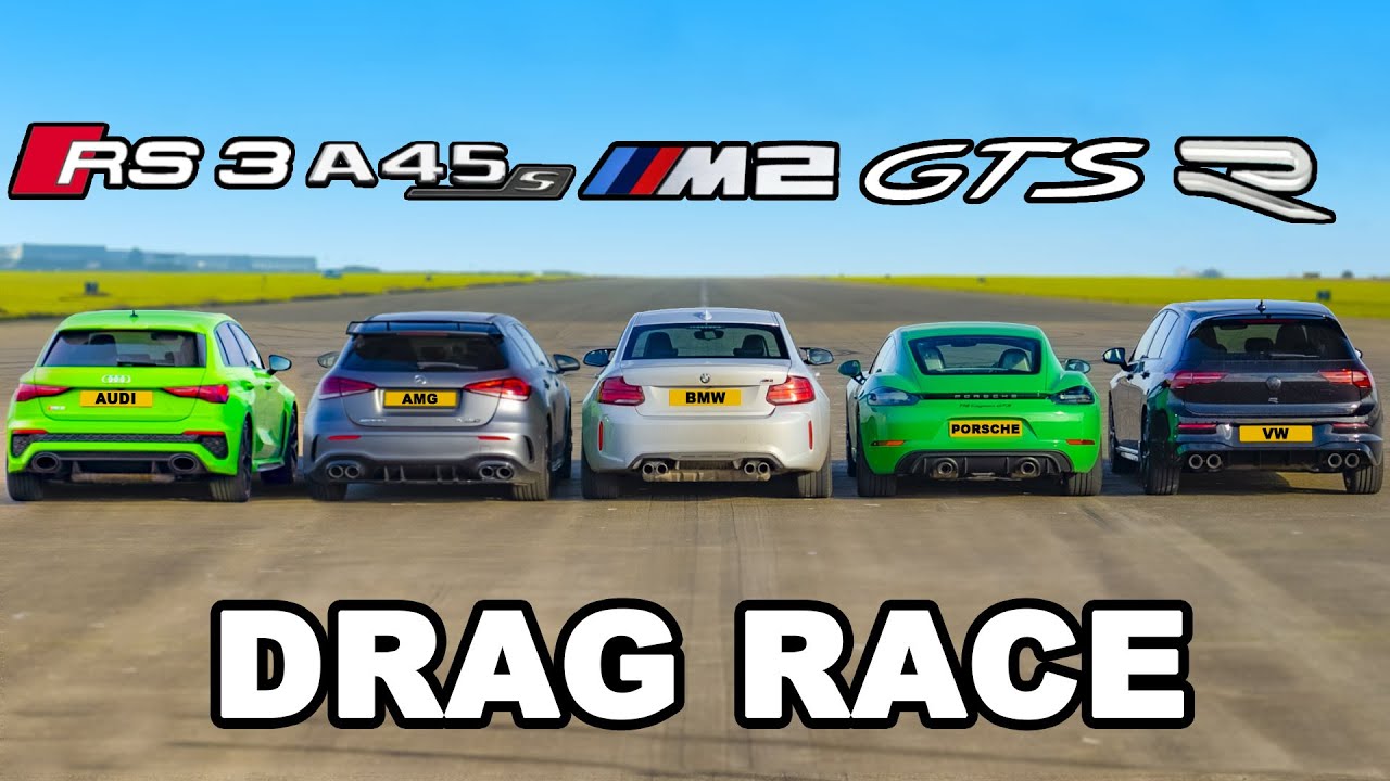 Audi RS3 v AMG A45 v BMW M2 v Porsche Cayman GTS v VW Golf R: DRAG RACE